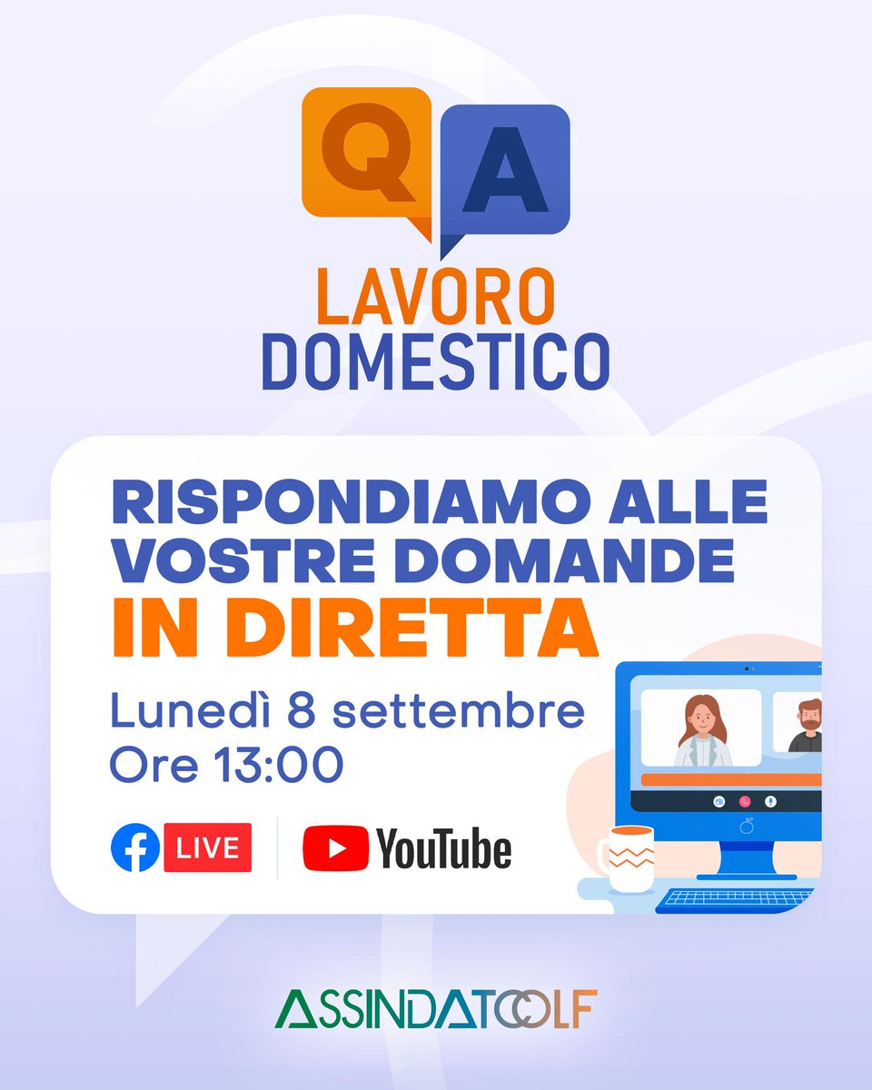 🗓️Torna Q&amp;A Lavoro Domestico!

🔴In DIRETTA su Facebook e YouTube chiariremo tutti i dubbi su come assumere e inquadrare colf, badanti e baby sitter.

👉Segui la diretta e scrivi dubbi e domande nella chat!