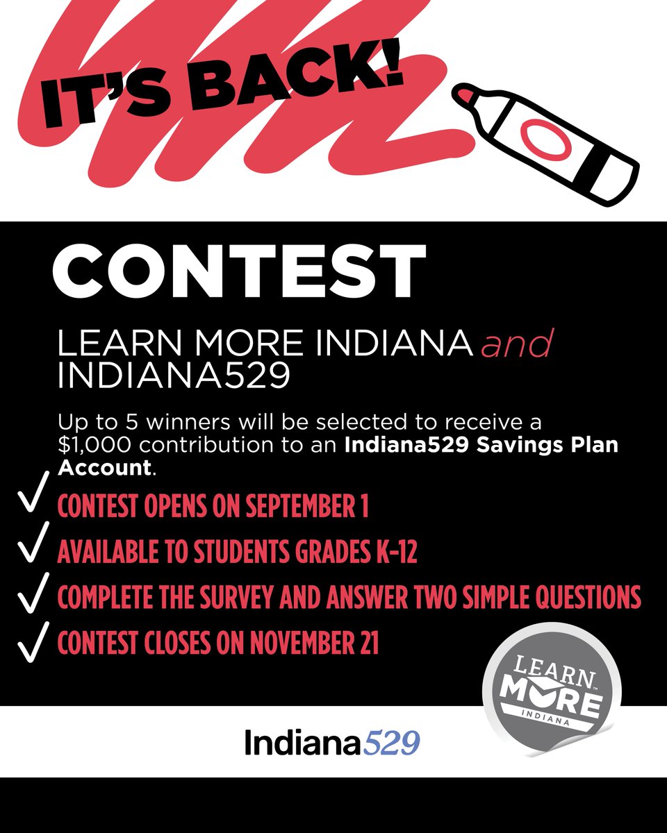 learnmorein's tweet photo. That’s right! As a part of College GO! 2025, the Learn More Indiana and Indiana529 contest is back! Students in grades K-12 can visit https://t.co/MM4EnPiQUx and complete a short survey for a chance to win a $1,000 Indiana529 account deposit! https://t.co/LInLZRnjWM