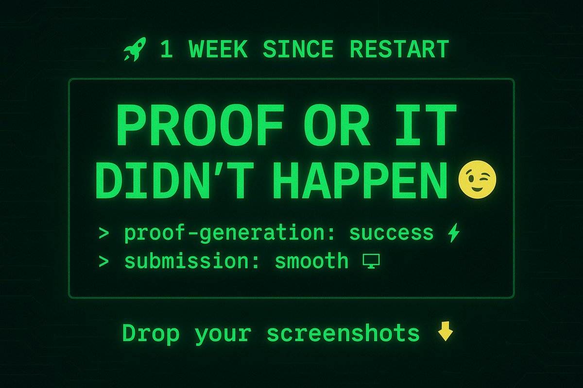 1 week since the Soundness restart!

Are you playing the game? 🎮

Is your proof flying through generation ⚡ and smooth on CLI submission 🖥️?

Proof or it didn’t happen 😉 Drop screenshots 👇
