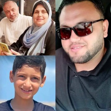 Six individuals, including women in hijabs, a man in sunglasses, and children wearing casual clothing and medals. One child wears a blue shirt with a "Champions" medal, another a green shirt with a cartoon design. A group photo shows an older man, a woman in a hijab, and another person. Backgrounds include outdoor settings, a tiled wall, and a beach.