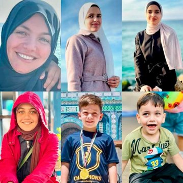 Six individuals, including women in hijabs, a man in sunglasses, and children wearing casual clothing and medals. One child wears a blue shirt with a "Champions" medal, another a green shirt with a cartoon design. A group photo shows an older man, a woman in a hijab, and another person. Backgrounds include outdoor settings, a tiled wall, and a beach.