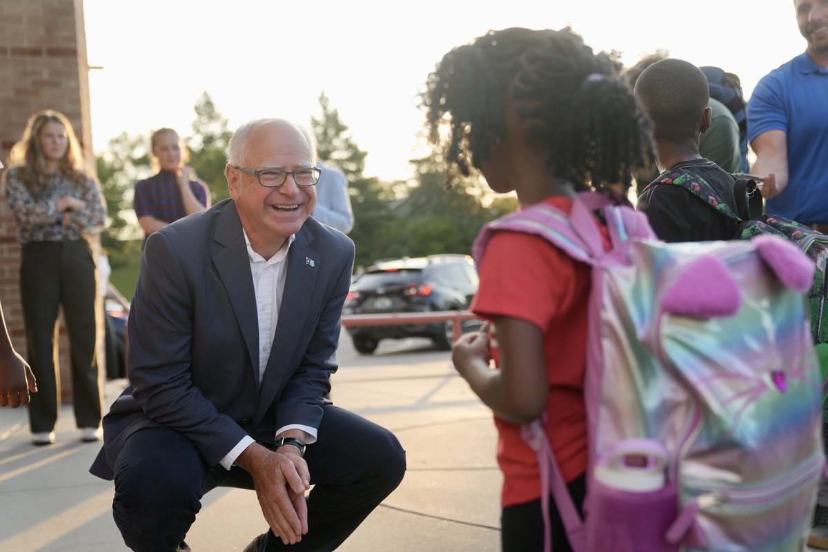 Tim Walz greeting students on their first day back to school this morning. We need a President that actually has a heart. #WALZ2028