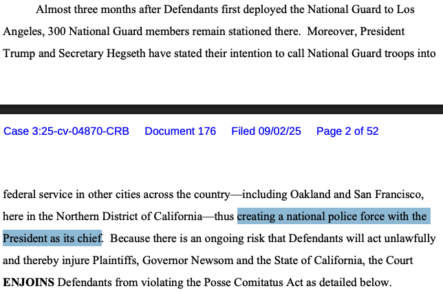 Judge Breyer says the Trump administration is "creating a national police force with the President as its chief."