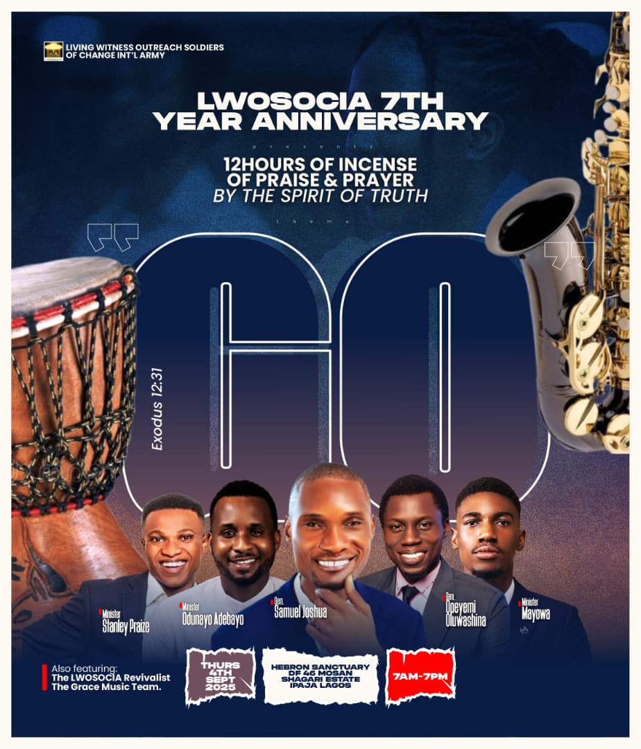 lwosoci's tweet photo. We give the Highest! The Loudest! The Purest! Praise to the King 👑  
LWOSOCIA turns 7!  
🗓 Sept 4, 2025  
🕖 7AM–7PM  
🔥12hrs of Praise &amp; Prayer  
📍Hebron Sanctuary, DF46 Havilah Pl, Shagari Estate, Ipaja  
Theme: “GO” (Exodus 12:31)  
#TheSiegeIsOver https://t.co/Qb0SzmOTFt