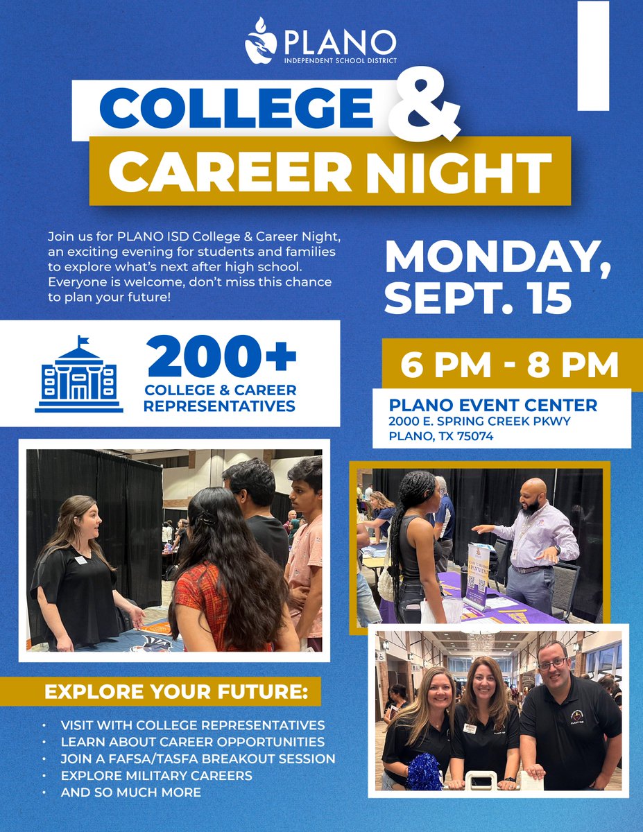 What a thrilling first week of college football! 🏈
The pageantry and cheers begin with dreaming big and bold determination. Attend our College &amp; Career Night with over 200 reps to help students and families explore programs, military and career paths and get FAFSA/TAFSA tips.