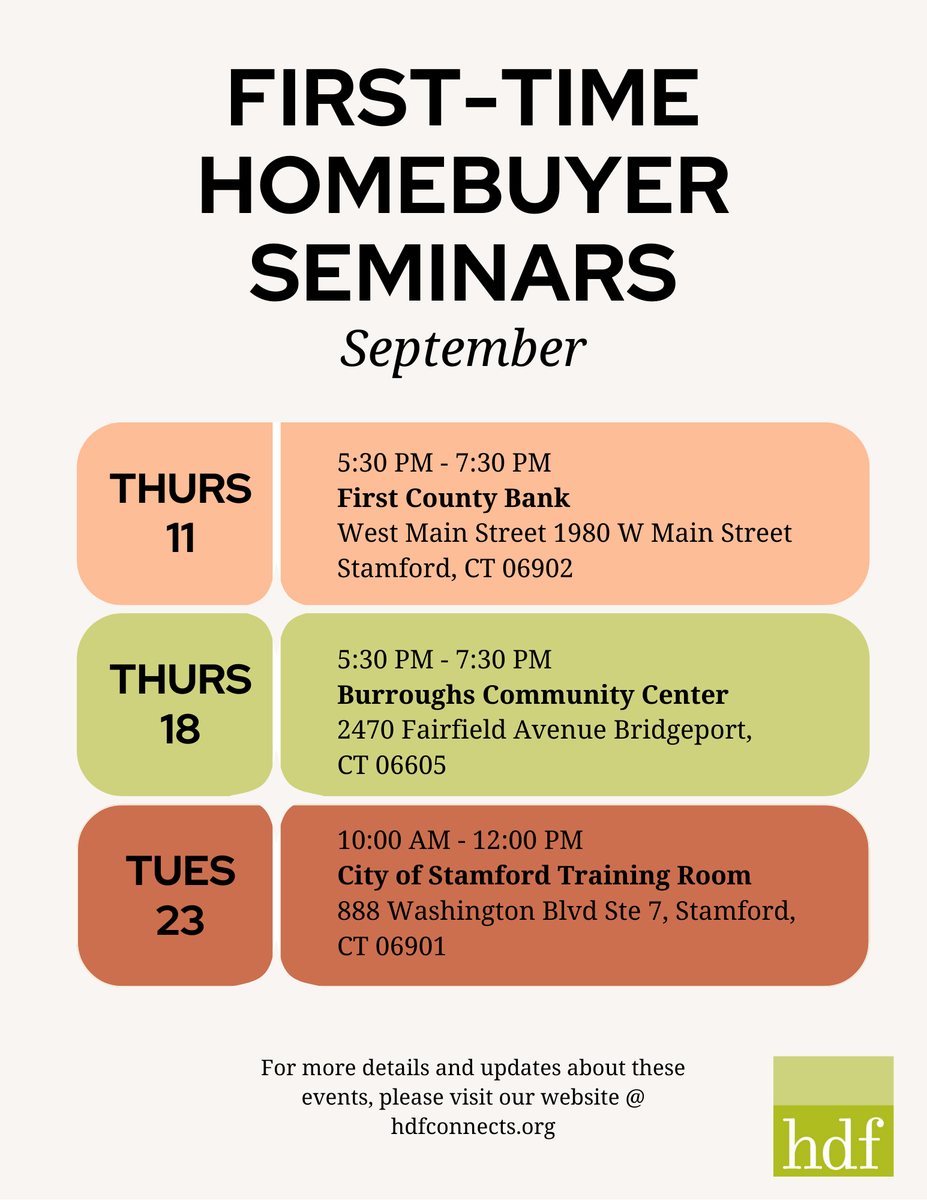 Alongside multiple partners, we will be hosting three First-Time Homebuying seminars across Fairfield County. For more information visit Hdfconnects.org or view the individual event flyers on our feed. #HomebuyerSeminar  #Connecticut #FairfieldCounty