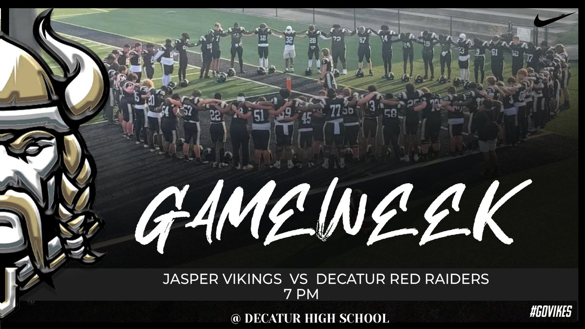 JasperVikes_FB's tweet photo. It's Game Week!! Make plans to #ShowUp this Friday in Decatur as the Vikings travel to take on the Red Raiders in the first region game of the season!!!π€πβοΈ
#JHS #VikingFootball #AwayGame #RegionGame #LockedIn #GoVikes #JasperVsEverybody https://t.co/apoOXQUJWt