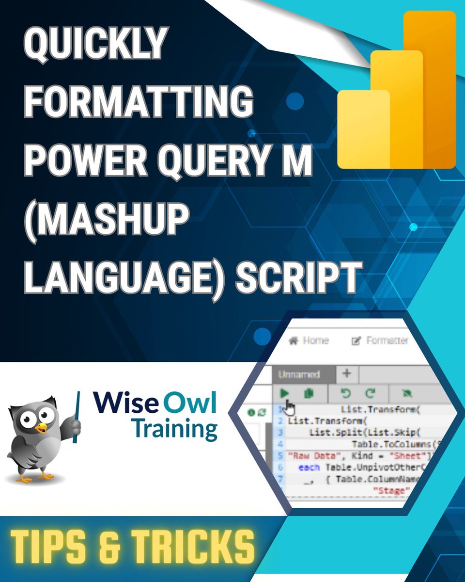 wiseowltraining's tweet image. When writing your M (Mashup language) script it can quickly become hard to read in the default editor.
wiseowl.co.uk/power-bi/tips/…
#PowerBI #powerbitips #PowerBITraining #PowerQuery