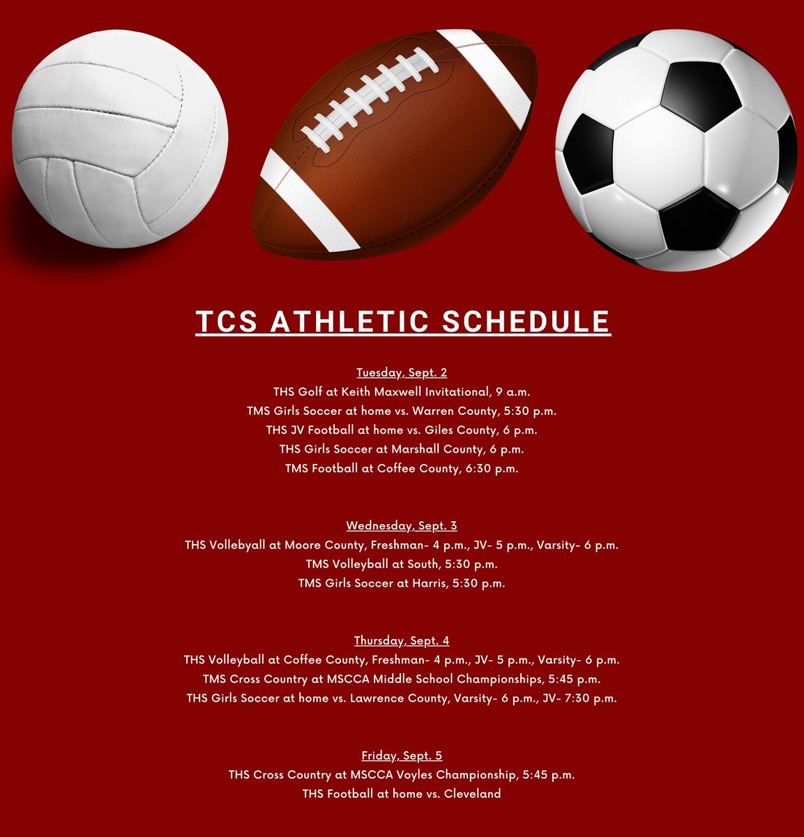 After a day off yesterday, it's back to work for TCS athletes. Here's a look at this week's athletic schedule.