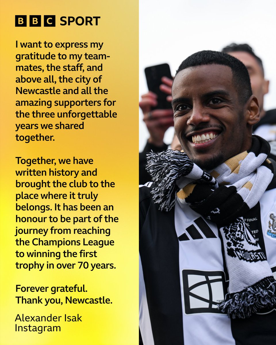 BBCMOTD's tweet image. Alexander Isak has expressed his gratitude to his former team-mates, club staff and Newcastle supporters following his deadline day move to Liverpool 💬