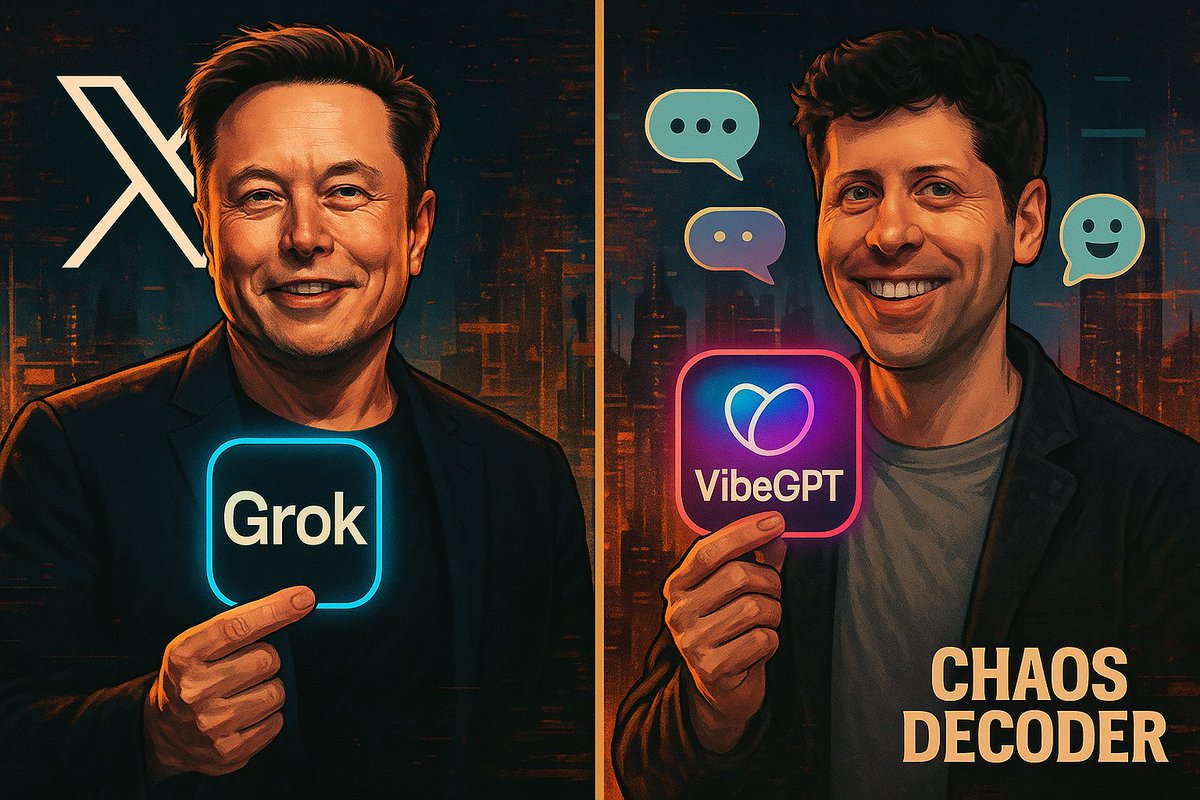 aimal_s's tweet image. Elon has Grok + X
Time for @sama to clap back with his own social app
Introducing VibeGPT, the chaotic little sister of ChatGPT, where every post talks back louder than you 😜
#ChaosDecoder #SamAltman #ElonMusk #VibeGPT #AI #TechHumor #Trending