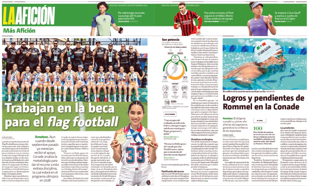 #FelizMartes | Hoy en tu <a href="/Milenio/">Milenio</a> Diario:

💰 Trabajan en beca para flag football
🧐 Logros y pendientes de Rommel Pacheco en Conade
⚾ Charros se lleva segundo juego de la serie ante Sultanes

La mejor información deportiva aquí
👉 milenio.com/deportes