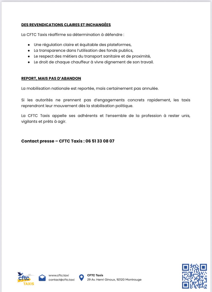 CFTC_Taxis's tweet photo. Communiqué de presse #afp #Transports #taxis #mobilisation https://t.co/9CK6KL9AQb