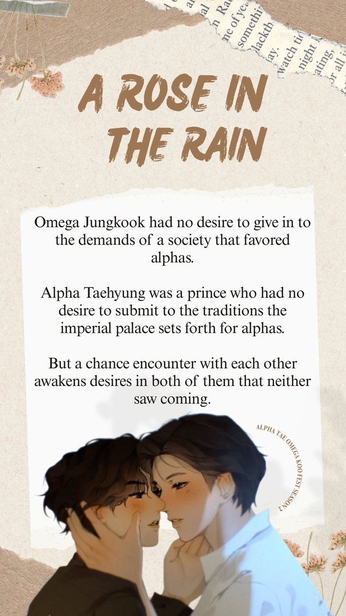 vkookabofest's tweet photo. A Rose in the Rain ; #taekookau  

⋆˙⟡ — Joseon Era AU 
⋆˙⟡ — 27.2k, completed 
⋆˙⟡ — Alpha Prince TH x Omega Dancer JK 
⋆˙⟡ — Strangers to Lovers 
⋆˙⟡ — Mating Cycles 
⋆˙⟡ — Bre/eding Kink 
⋆˙⟡ — Happy Ending  

🔗: https://t.co/KsPA8EC3R3 https://t.co/vTqpRu5jq9