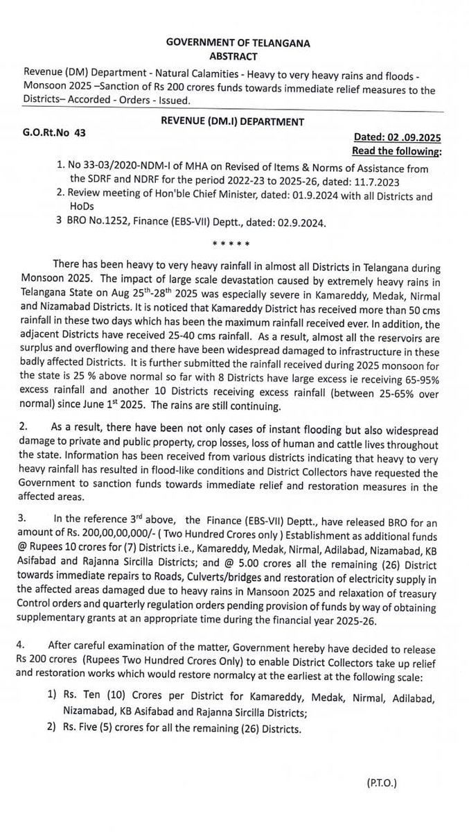 #Monsoon2025

#Telangana government sanctions Rs. 200 crores towards immediate relief measures to the affected districts in the recent #rains. 

Some of the severely affected districts include #Kamareddy #Medak #Nirmal #Adilabad #Nizamabad and #RajannaSircilla