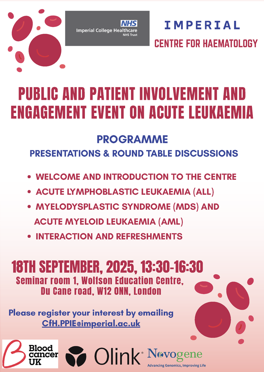 Join us on 18 Sept for our Patient &amp; Public Engagement Event on acute leukaemia.  

💬 Talks &amp; roundtable discussions on ALL, MDS &amp; AM
📌Hammersmith Hospital Campus

👉imperial.ac.uk/events/197770/…