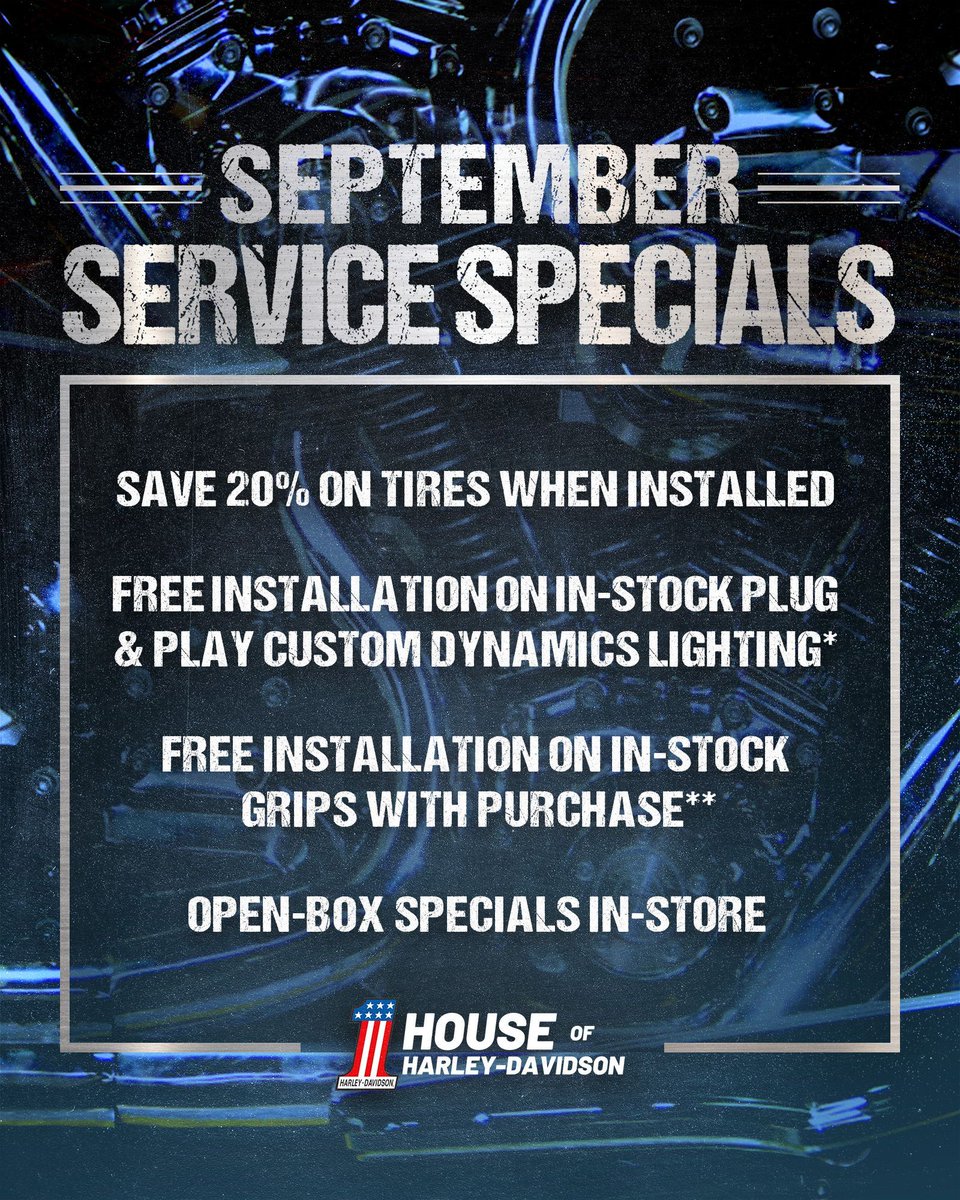 houseofharleywi's tweet image. 🚨 ATTENTION: The HOUSE’s September #Specials just dropped! 🚨
Ride through all month long and #SAVE!

💰 20% OFF tires*
💲 FREE Installation on @CustomDynamics Lighting &amp;amp; Grips*
💸 #OpenBox #Deals

Shift into #savings mode:
🏁 houseofharleydavidson.com

**Exclusions apply.