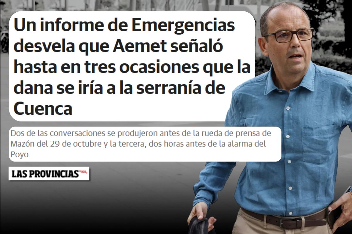 Nuevo dato, nuevo error de AEMET.

Tres veces dijeron que la DANA se iba a Cuenca. Tres veces fallaron.

Diez meses después, siguen sin asumir responsabilidades.