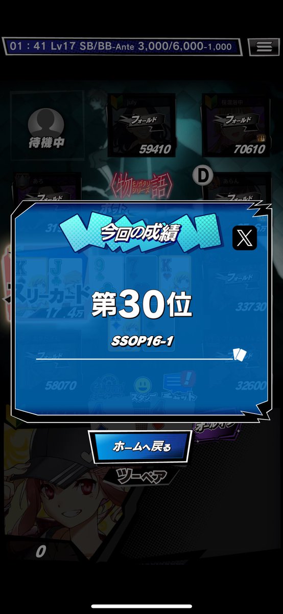 ＼ｍHOLD'EMでトーナメントに参加／

SSOP16-1
第30位
シニチロさん開催ありがとうございました！
30位ですが自分なりには結構頑張りました！
次回またリベンジ！

■ｍHOLD'EMはこちら！
mpj-portal.jp/game/
 #mHOLDEM #エムホールデム