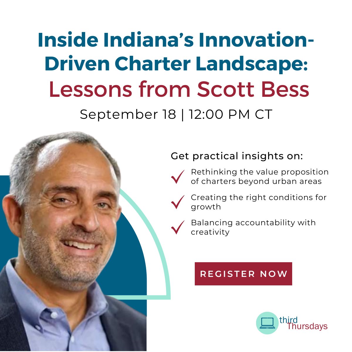 NACSA (@qualitycharters) on Twitter photo What does it take to spark real innovation in charter schooling and sustain it? Few people know better than <a href="/scottbessindy/">Scott Bess</a>, President and CEO of <a href="/INCharterInno/">Indiana Charter Innovation Center</a>  and current NACSA Board member.
Join Third Thursdays on September 18 at noon CT to get practical insights from a What does it take to spark real innovation in charter schooling and sustain it? Few people know better than <a href="/scottbessindy/">Scott Bess</a>, President and CEO of <a href="/INCharterInno/">Indiana Charter Innovation Center</a>  and current NACSA Board member.
Join Third Thursdays on September 18 at noon CT to get practical insights from a