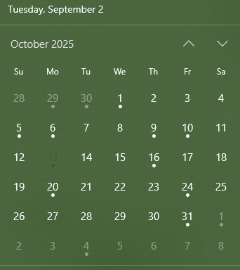 I'm either slow or this is just new to me, or both.. the 13 in October is "invisible" on the Windows calendar.