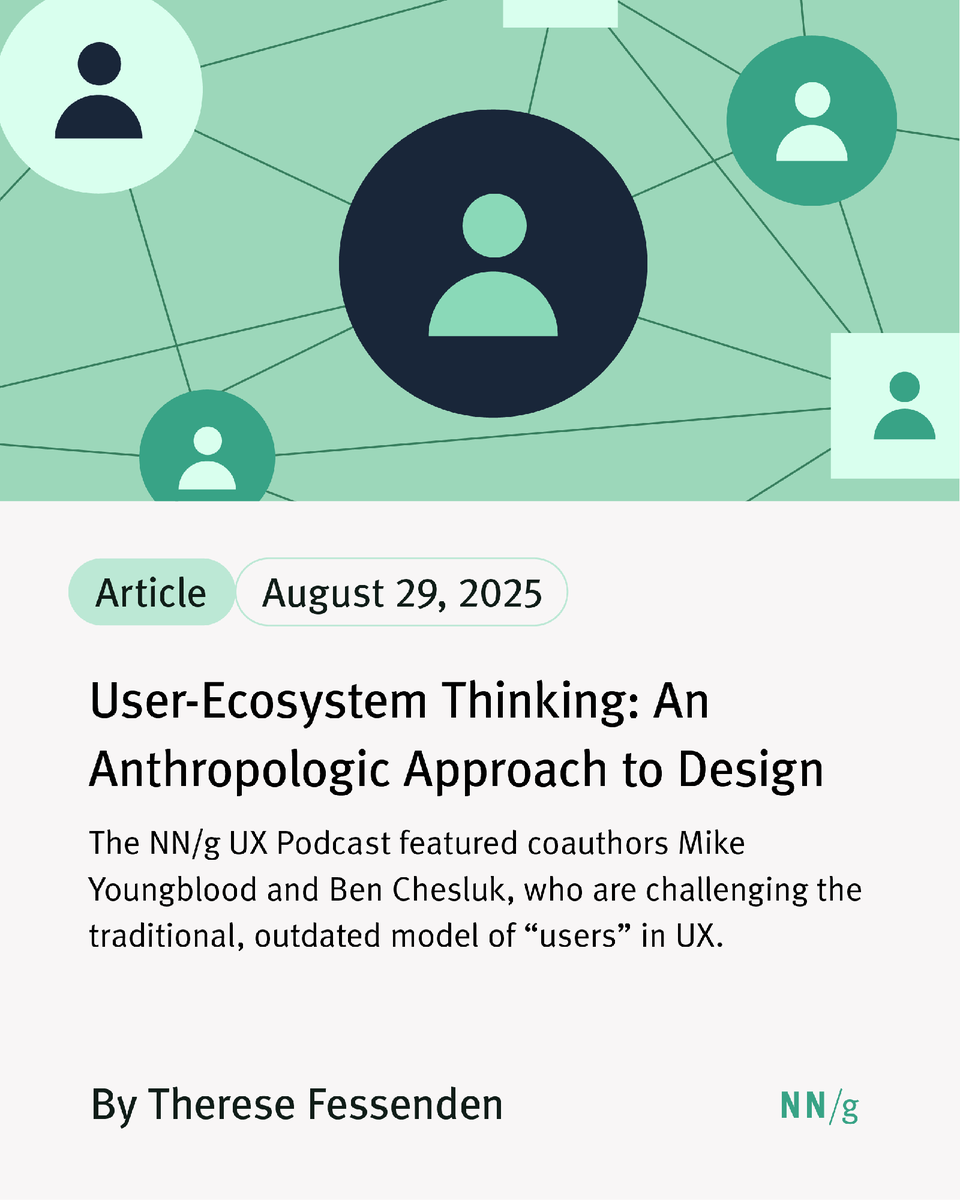 NNgroup's tweet photo. New from NN/g:
๐ How to Use NNGroupโs UX-Maturity Model
๐ง User-Ecosystem Thinking
๐ฑ๏ธ Why Disabled Buttons Hurt UX
Check them out: https://t.co/TGRPLQEXDC
#NNGroup #UpToDate https://t.co/PaVblDokbU