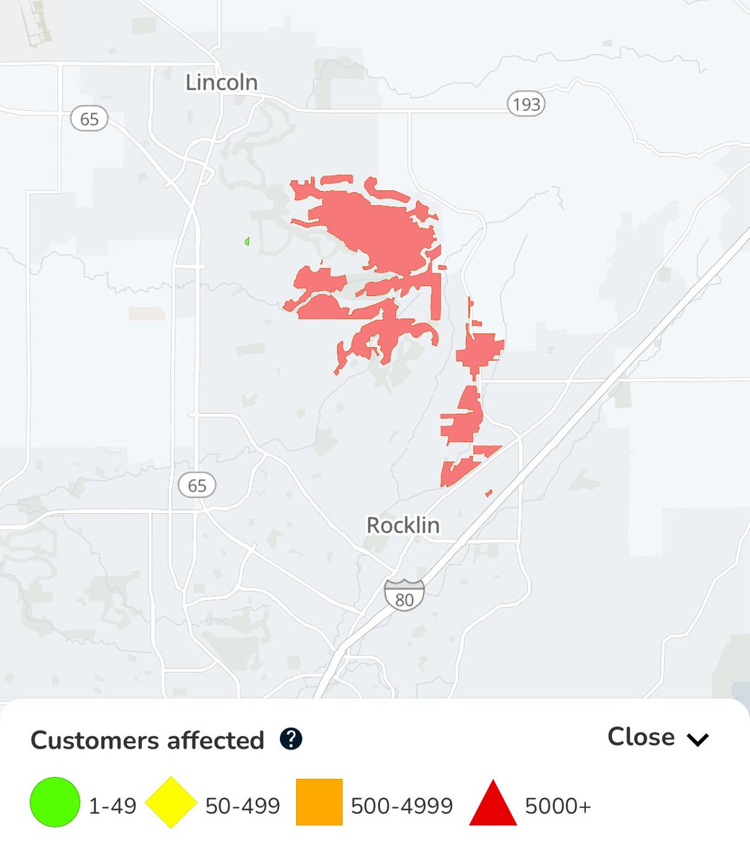 Nearly 5,000 outages in Placer County, presumably due to lightning, especially in the Lincoln to Rocklin area. Other outages reported in surrounding counties as well.