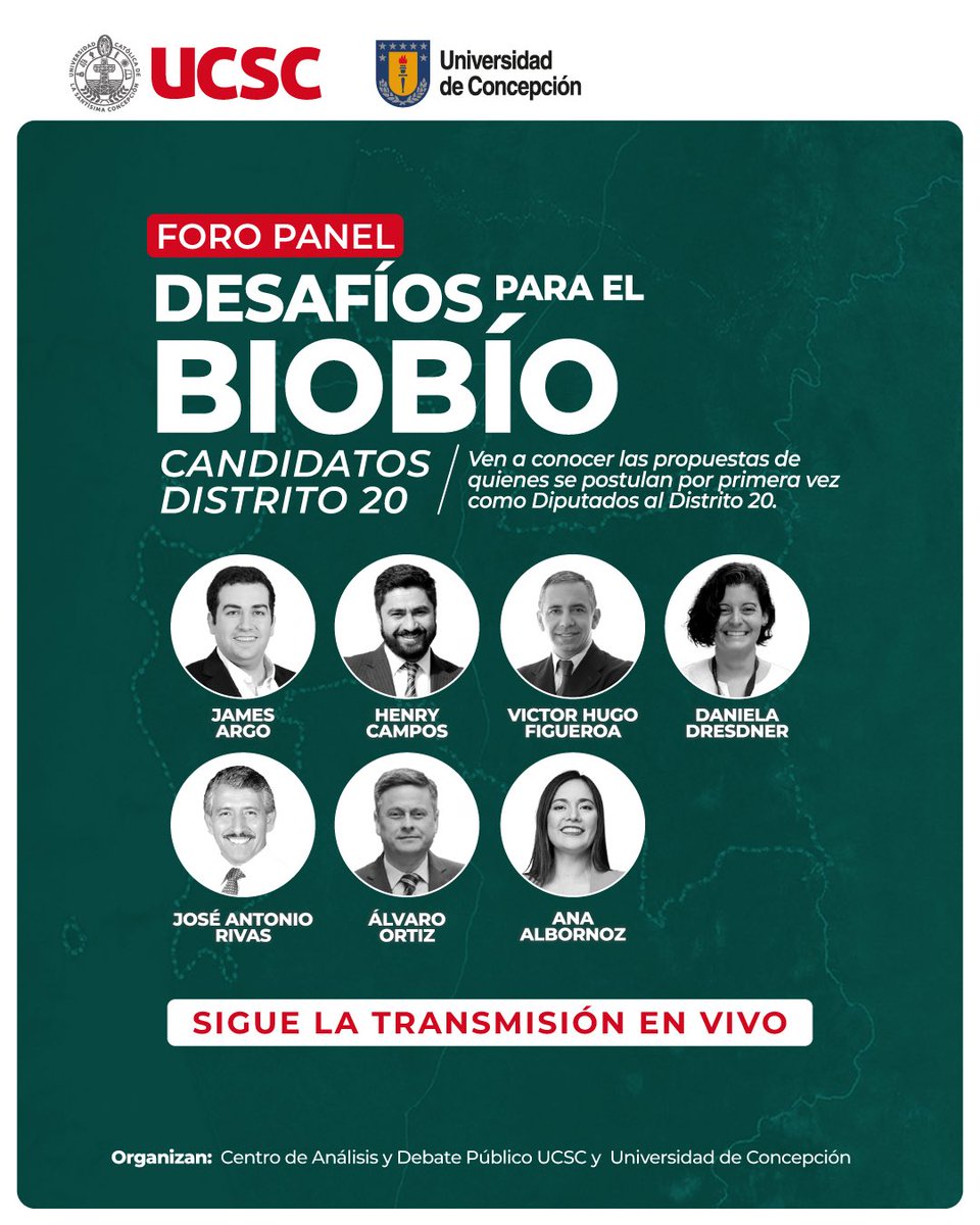 ucscconcepcion's tweet photo. 🔴 #ENVIVO  |  Ya comenzó el Foro Panel “Desafíos para el Biobío”

Sigue la transmisión y conoce las propuestas de quienes aspiran a representar al Distrito 20 en la Cámara de Diputados.

📲 Conéctate ahora: https://t.co/Fa0wEYMMys https://t.co/UfzPiOzgEm