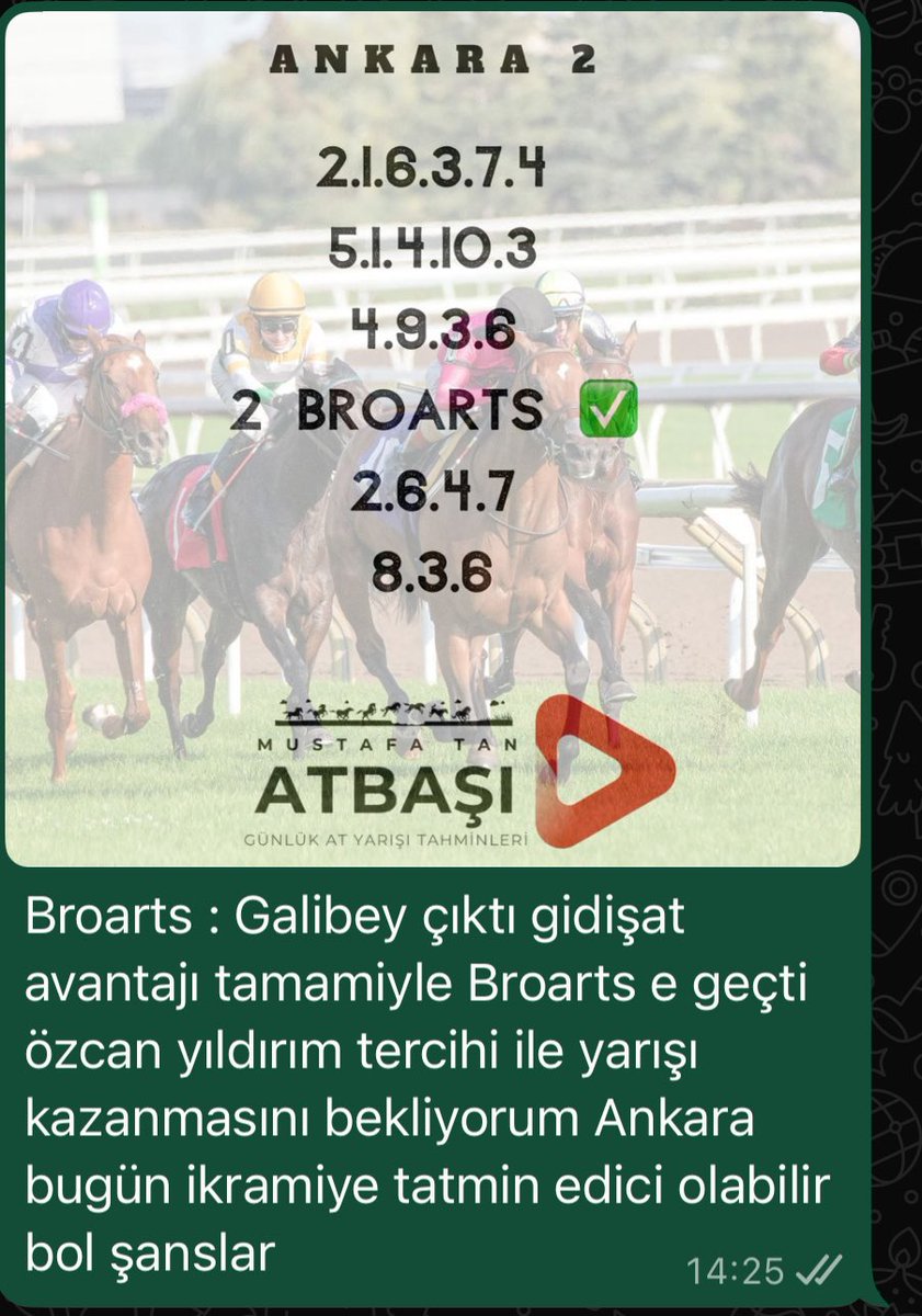 1. Koşuda  bankomuz 2. Oldu Ankara 1 i şansız şekilde bıraktık maalesef  , Ankara 2 için Broarts bankosu ile sonu güzel olur umarım