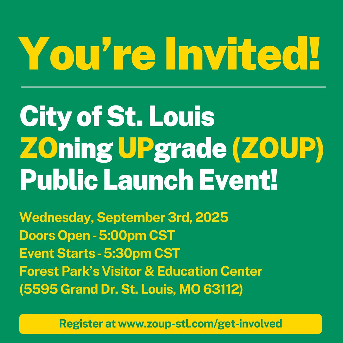 St. Louis' Zoning Upgrade will modernize how land use is regulated in St. Louis, improving clarity, consistency and responsiveness to community priorities.

Join us at the Sept. 3 (5:30 p.m.) launch party at Forest Park's Visitor &amp; Education Center.

More: zoup-stl.com/get-involved