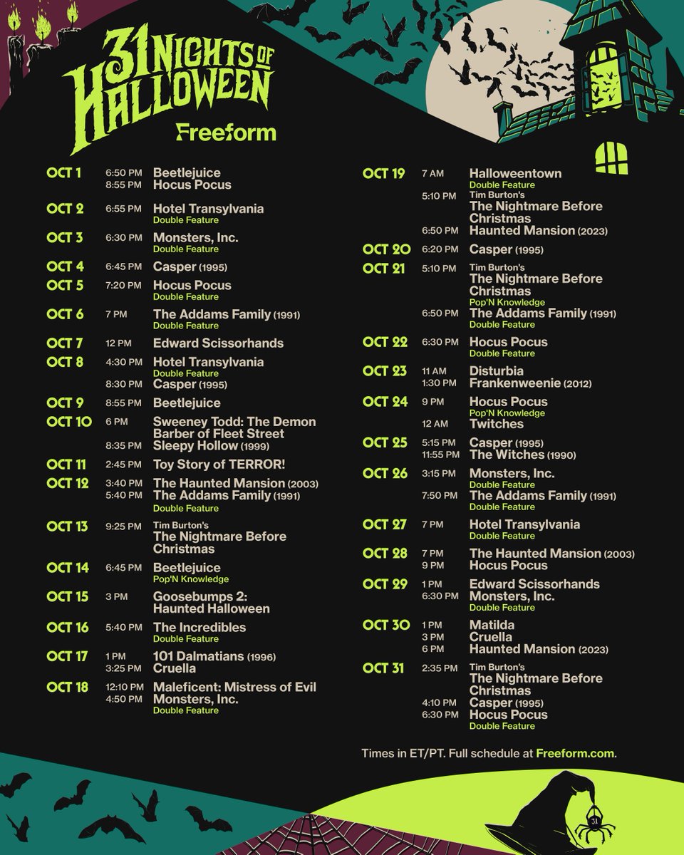 31Nights's tweet image. all the scares, all month long 🎃

watch #31NightsOfHalloween all october on @FreeformTV, and view the FULL SCHEDULE with our link in bio