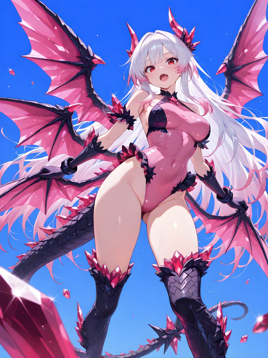 ２代目ちゃん（仮称）
・ピンク＋ネイビー
・八重歯
・枚数も形状も安定しないけど複数羽
・尻尾は細め
・控え目
#クリスタルドラゴン娘
#CrystalDragonGirlAI