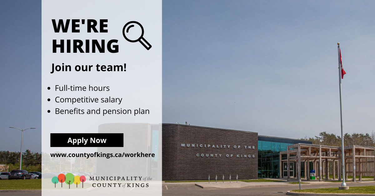 We’re hiring! Visit countyofkings.ca/workhere to learn more about opportunities to join our team as a Deputy Chief Administrative Officer, Manager of Engineering Services, Millwright (Red Seal), or Compliance Officer.