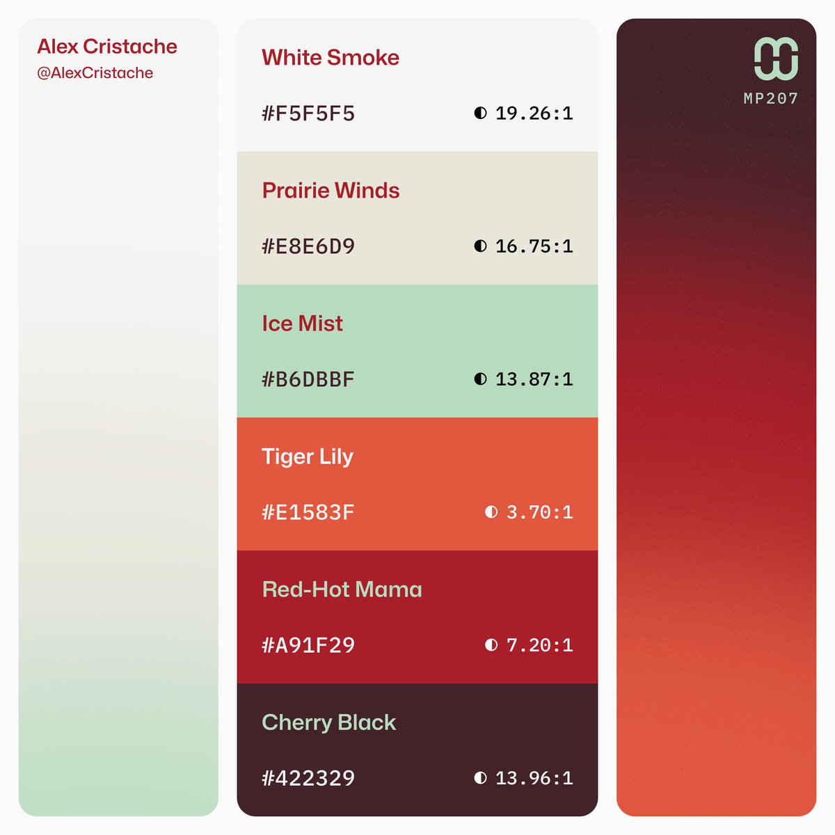 "At a glance" layout of #MindfulPalettes no. 207 for color palette collectors, artists, and designers.
Free for your next #branding or #design project.

❓What kind of project/brand would fit this color palette, in your opinion?