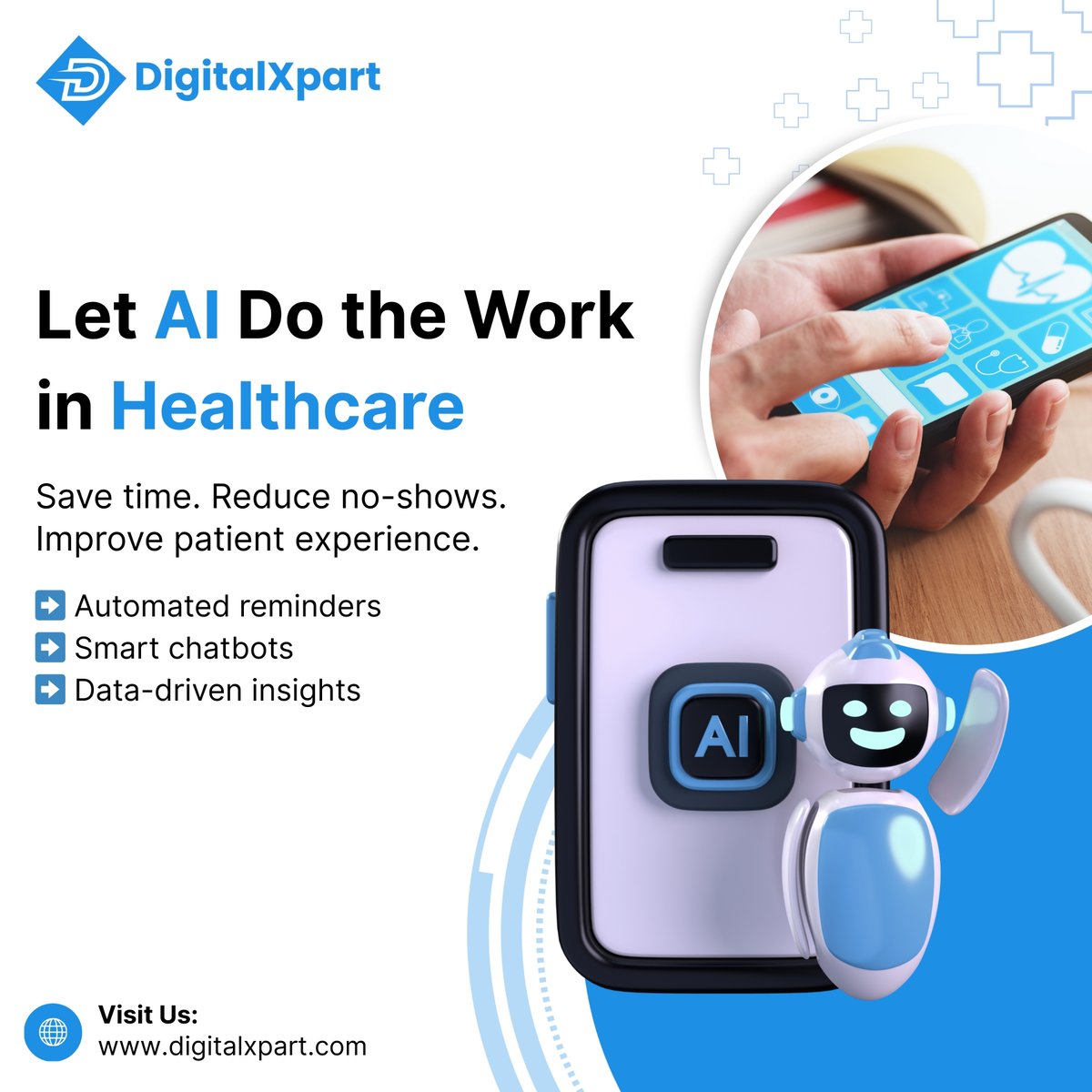 DigitalXparts's tweet photo. Stop Wasting Hours ��� Let AI Do the Work in Healthcare

AI isn’t the future of healthcare business — it’s already here. But many clinics and practices still aren’t using it to save time or improve patient care.

Visit us: https://t.co/S71MbDd7yL
#HealthcareBusiness #AIinHealthcare https://t.co/Gl3sq4exZq