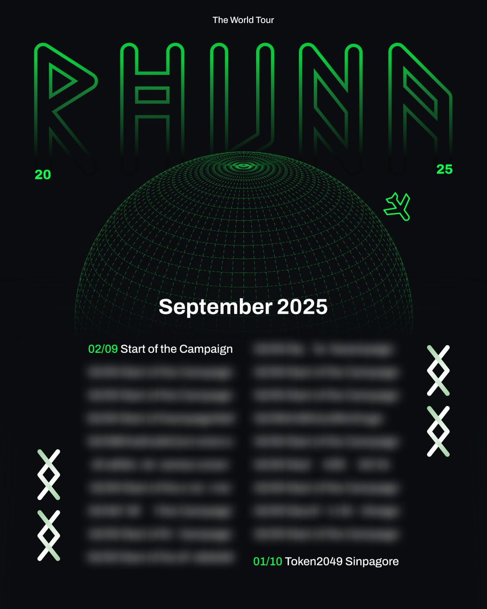 Rhuna (@rhunaio) on Twitter photo The Rhuna Tour
For the next month, Rhuna is going on a world tour of announcements, campaigns, and activations, leading up to the finale at Token2049 Singapore 🌍✨
Expect:
- new campaigns & quests
- releases & integrations
- community drops & updates
This is just the start of The Rhuna Tour
For the next month, Rhuna is going on a world tour of announcements, campaigns, and activations, leading up to the finale at Token2049 Singapore 🌍✨
Expect:
- new campaigns & quests
- releases & integrations
- community drops & updates
This is just the start of