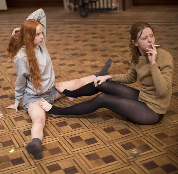 Dakota Johnson and Mia Goth behind the scenes of Suspiria (2018)