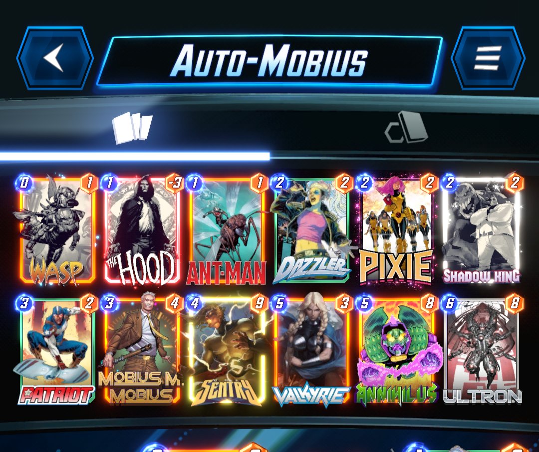 HostilSpike's tweet photo. Late infinite on another bad month of Snap, not much to say really. Got stuck in late 90s and saw predominantly Negative so got over the line with Auto-Mobius. Feels like people forgot Ultron exists. Otherwise just played  Weekend deck or NonTrad LockThor #MarvelSNAP https://t.co/bHV2C1AjvK