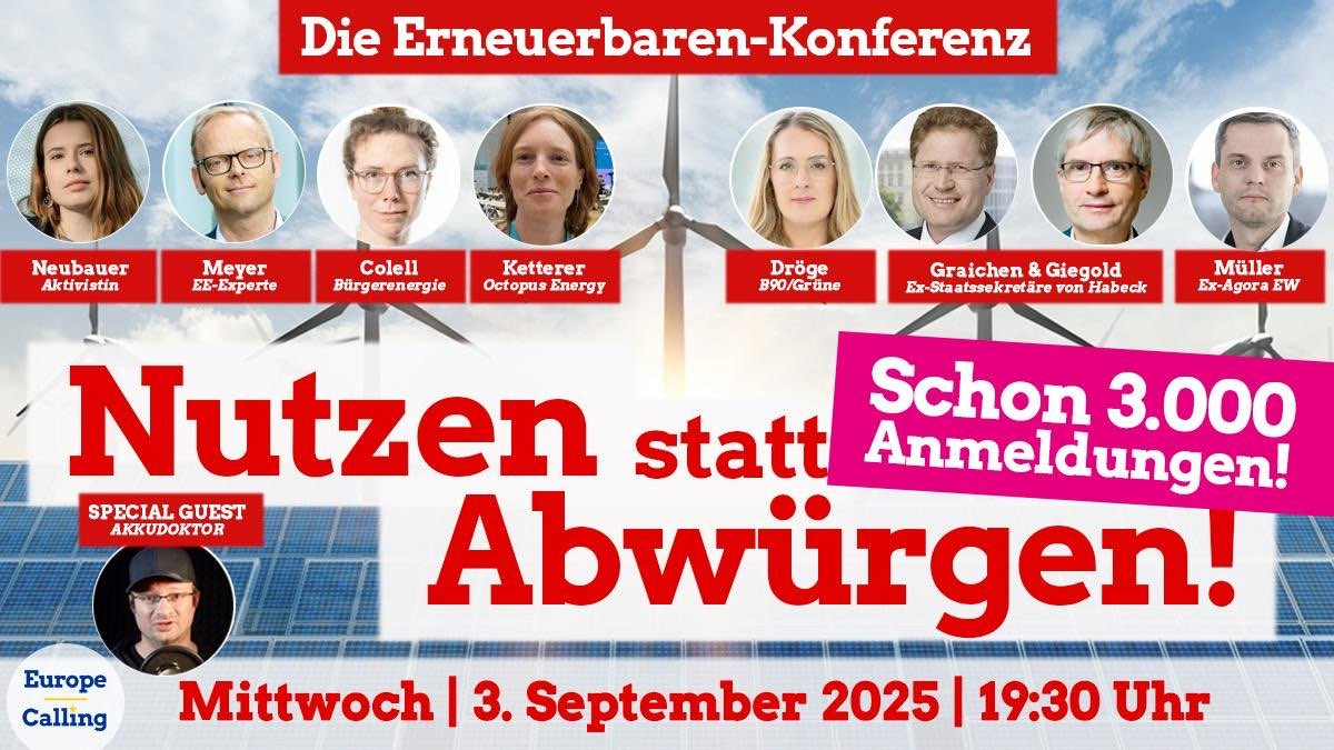 Über 3.000 Anmeldungen in 24 Stunden sind ein klares Zeichen: Katherina Reiche erzeugt eine Menge Gegenwind, wenn sie den Ausbau der Erneuerbaren ausbremsen will. Kommt auch zur Online-Energiewende-Konferenz! Hier gehts zum “Nutzen statt Abwürgen“-Webinar: is.gd/c5AesB
