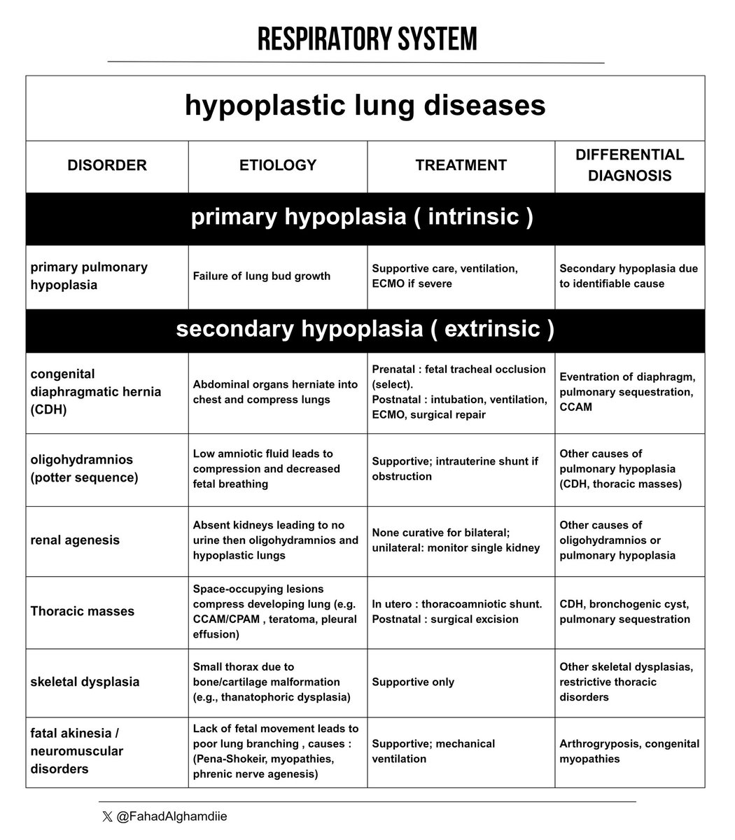 Fahadalghamdiie's tweet photo. 🫁 اسباب نقص انسجة الرئة ، التفاصيل ⬇️
Hypoplastic lung diseases
#Respiratory_system https://t.co/LTiq5eIhyT