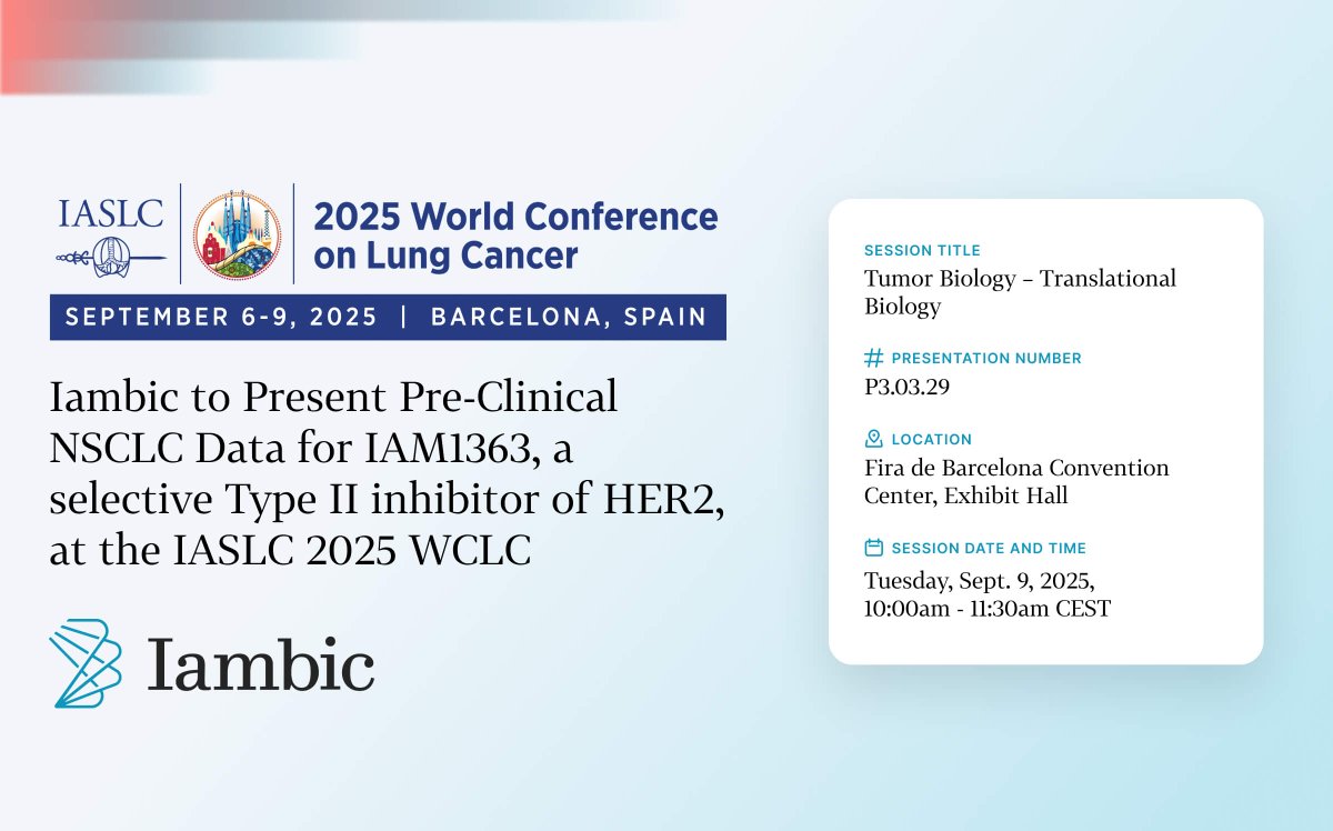 At #WCLC2025, Iambic will present new preclinical NSCLC data on IAM1363, a potent, irreversible Type II HER2 inhibitor. IAM1363 is highly differentiated by its target selectivity, brain-penetrance, pan-mutant activity, and tumor enrichment. 
Learn more: iambic.ai/post/wcwc2025