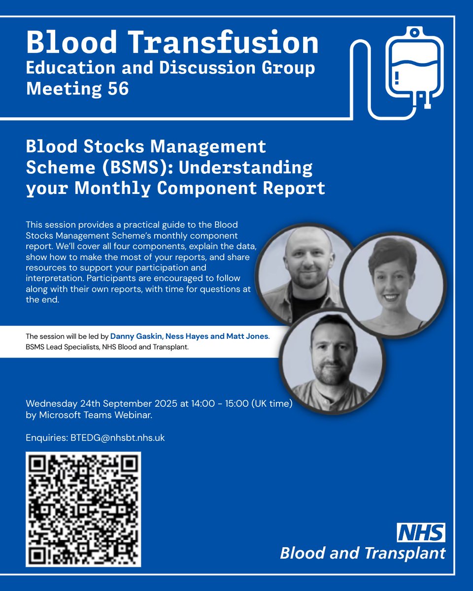 BritishBloodTS's tweet photo. BTEDG is back!
Join us on Wednesday 24th September 2025 at 14:00 via Microsoft Teams Webinar.

Led by BSMS Lead Specialists Danny Gaskin, Ness Hayes &amp; Matt Jones (NHSBT).

Register here -> https://t.co/UKBhV8egsc

#bbts #nhs #bloodtransfusion https://t.co/NoRAJpcfmc