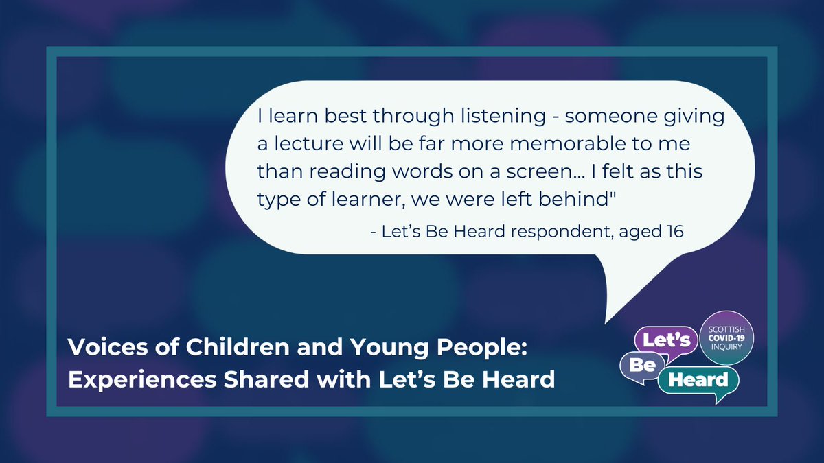'Just listen to us. Listen to us, please.'

Children and young people across Scotland have shared their experiences with #LetsBeHeard.

From missing school transitions to gaining independence, their experiences will inform how   we prepare for the future:
covid19inquiry.scot/report/voices-…