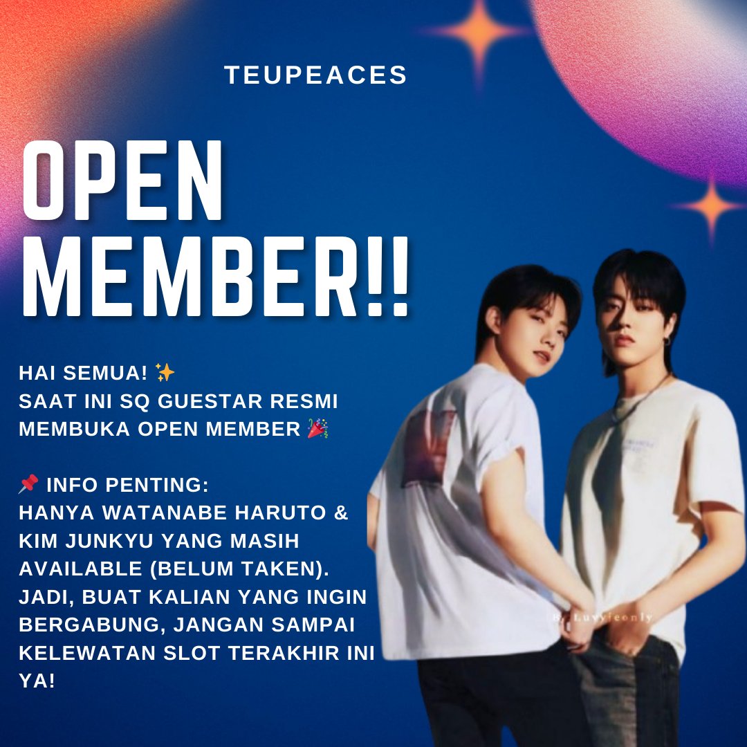 ✨ MEMBERSHIP OPEN — SQ GUESTAR ✨ 

We're opening the opportunity to join SQ Guestar. Main requirement: No twins (1 face claim is only for 1 person). 

📌 Slot info: Currently, only Watanabe Haruto &amp; Kim Junkyu are still available. Slots are limited, don't miss out.