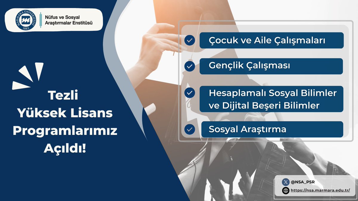 NSA_PSR's tweet photo. 🌱Nüfus ve Sosyal Araştırmalar Enstitüsü’nden 4 yeni yüksek lisans programı!
Disiplinlerarası vizyon, sosyal bilimlerin uygulama ve araştırma alanlarında uzmanlaşma ve dijital yöntemlerle güçlü bir akademik deneyim sizi bekliyor. ✨Önümüzdeki yıl başlaması planlanan öğrenci kabulleri için bizi takip edin!
👇English below 👇
🌱The Institute of Population and Social Research Announces Four New Master's Programs!
Designed with an interdisciplinary vision, these programs aim to provide a strong academic experience by combining specialization in the application and research fields of social sciences with digital methods.
✨Student admissions are planned to start in the upcoming academic year. Stay tuned for further announcements.