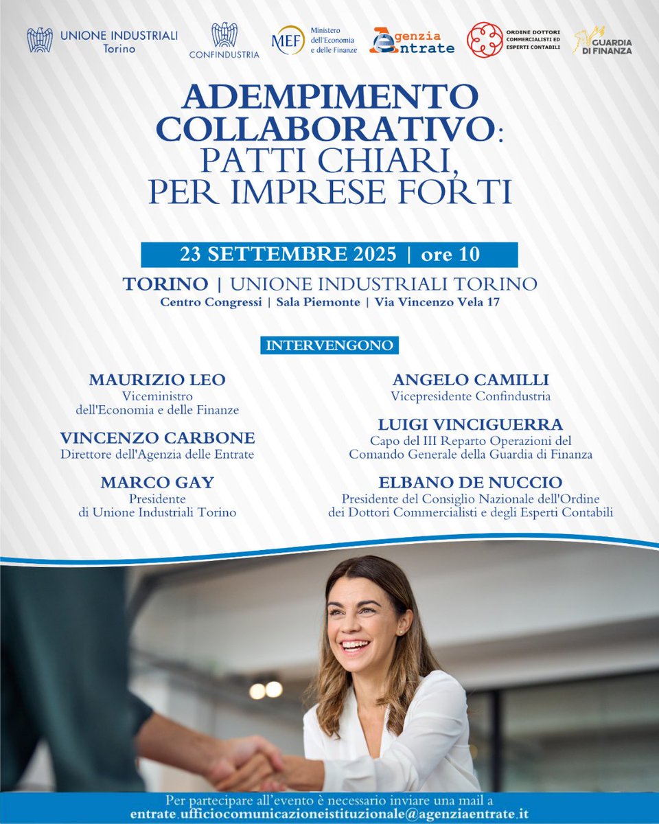 #Torino ospita il prossimo incontro del ciclo su #Adempimento #collaborativo "Patti chiari, per #imprese forti", organizzato da #AgenziaEntrate, <a href="/MEF_GOV/">MEF</a> e <a href="/Confindustria/">Confindustria</a>, sulla #cooperative #compliance
🗓️ 23 settembre 2025
🕙 ore 10
📍Centro Congressi - Via Vincenzo Vela, 17