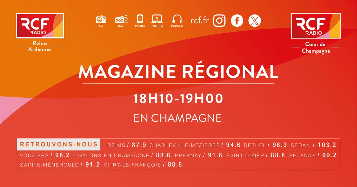 📻 RCF Reims-Ardennes 🎧📲💻 (@rcfra) on Twitter photo 18H10 - 19H #1819CA :
🙏Mémoire chrétienne - Jean-François Boulanger
🌾"L'aventure du vivant" à la <a href="/foiredechalons/">Foire de Châlons</a>
📢Témoignage d'Ozanne - stagiaire
🎙Journal régional
🎓Marc Besancenez - directeur de Jean 23 #Reims
📝<a href="/C_deCourson/">Charles de Courson</a> - député de la #Marne 18H10 - 19H #1819CA :
🙏Mémoire chrétienne - Jean-François Boulanger
🌾"L'aventure du vivant" à la <a href="/foiredechalons/">Foire de Châlons</a>
📢Témoignage d'Ozanne - stagiaire
🎙Journal régional
🎓Marc Besancenez - directeur de Jean 23 #Reims
📝<a href="/C_deCourson/">Charles de Courson</a> - député de la #Marne