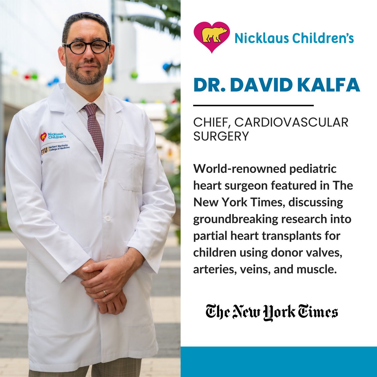 Nicklaus4Kids's tweet photo. Dr. David Kalfa, newly named Chief of Cardiovascular Surgery at Nicklaus Children’s, was featured in @nytimes discussing groundbreaking research into partial heart transplants for children - a promising step toward better outcomes and brighter futures. https://t.co/9ZLUgGmuv0