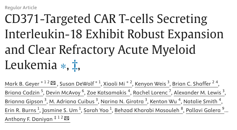 Results of a pilot study led by investigators at <a href="/MSKCancerCenter/">Memorial Sloan Kettering Cancer Center</a> showed that interleukin-18 “armored” CAR T cells targeting CD371 were effective at treating relapsed/refractory acute myeloid #leukemia at low doses. <a href="/BloodPortfolio/">Blood Journals Portfolio</a> <a href="/DaniyanMd/">Anthony Daniyan</a> <a href="/AbdelWahablab/">Abdel-Wahab Lab</a> 
Learn more: