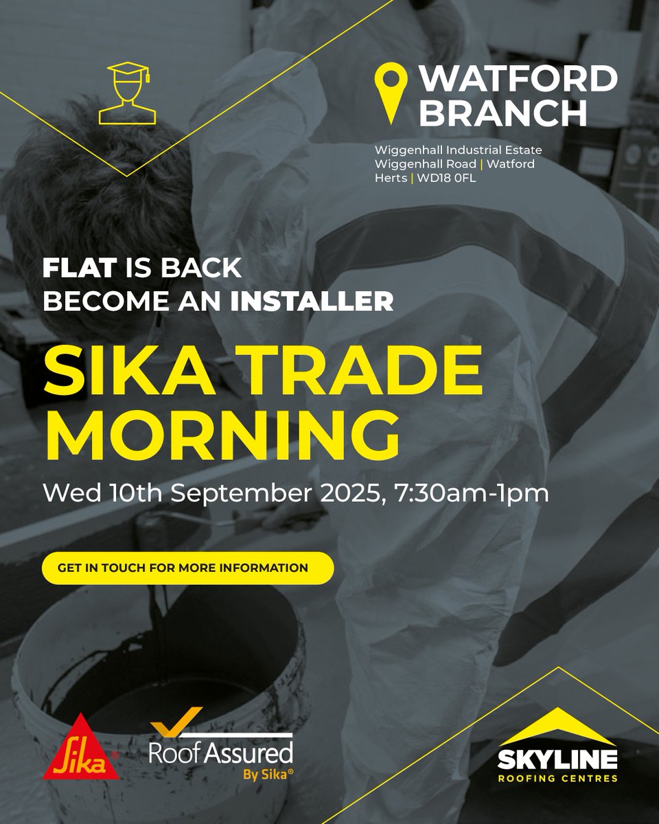 🛎 Sika Demo
🗓 Wed 10th September - 7:30am - 1pm
📍Wiggenhall Industrial Estate, Wiggenhall Road, Watford, Hertfordshire, WD18 0FL

Come along and join the Sika team at our Watford Branch to discuss any requirements you may have on;
• Flat Roof Systems
• Liquid Systems
•